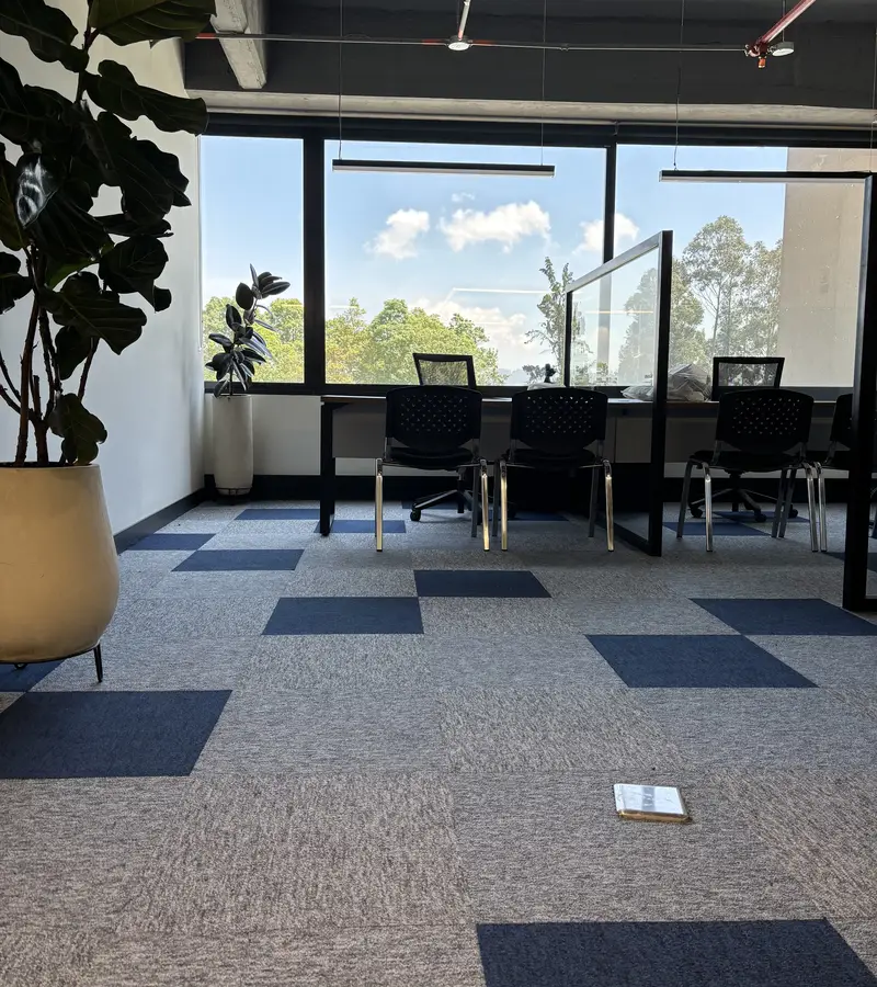 Oficina de Grupo Fi con alfombra modular azul y gris