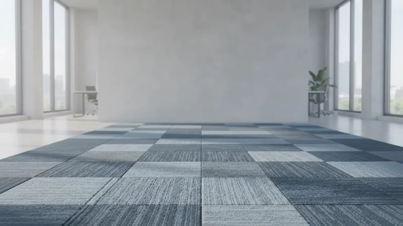 Oficina amplia con piso de alfombra modular azul y gris